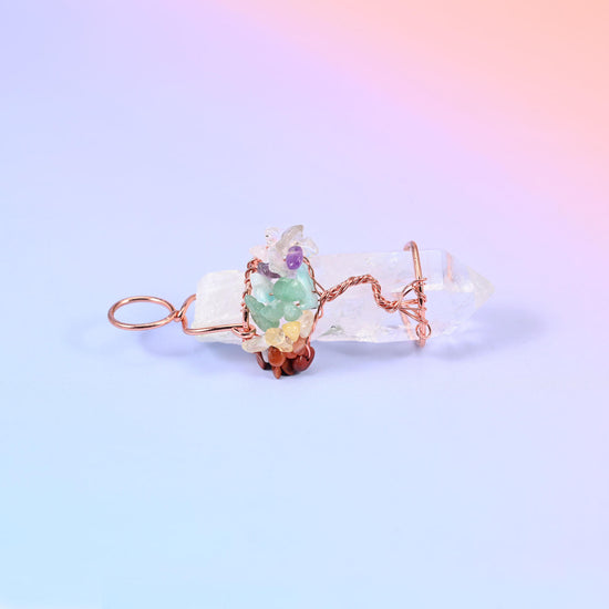 Clear Quartz Single Point Tower Pendants with Copper Wired Tree of Life