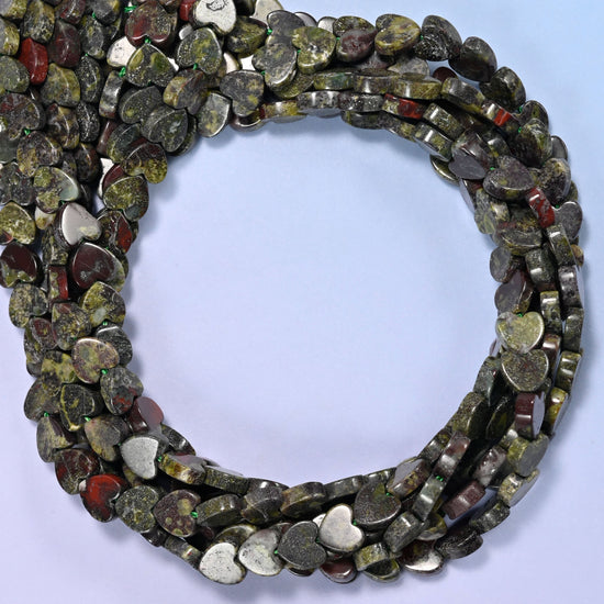 Dragon Bloodstone flat heart beads, close view of the coiled strands in mottled dark green with red-brown markings