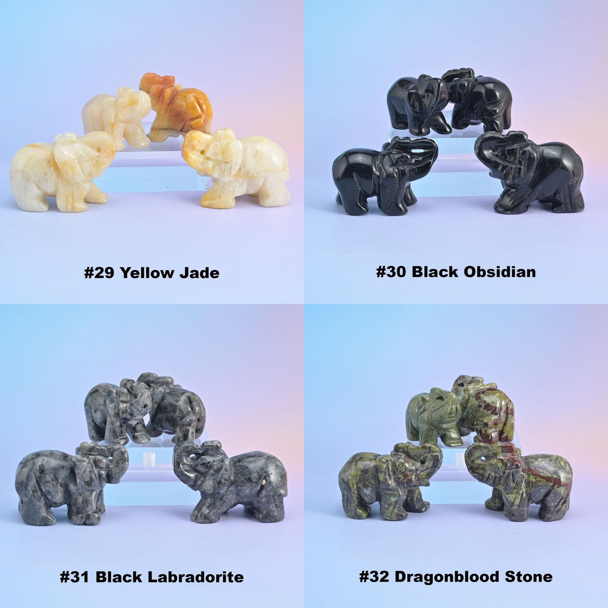Elephant carvings numbered 29 to 32 in yellow jade, black obsidian, black labradorite and dragonblood stone, each labelled