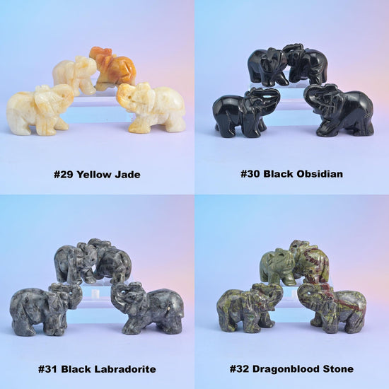 Elephant carvings numbered 29 to 32 in yellow jade, black obsidian, black labradorite and dragonblood stone, each labelled