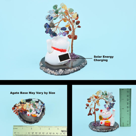 Multicolour chip gemstone tree with the fortune cat, showing the solar charging panel on the base and the agate base measured against a ruler