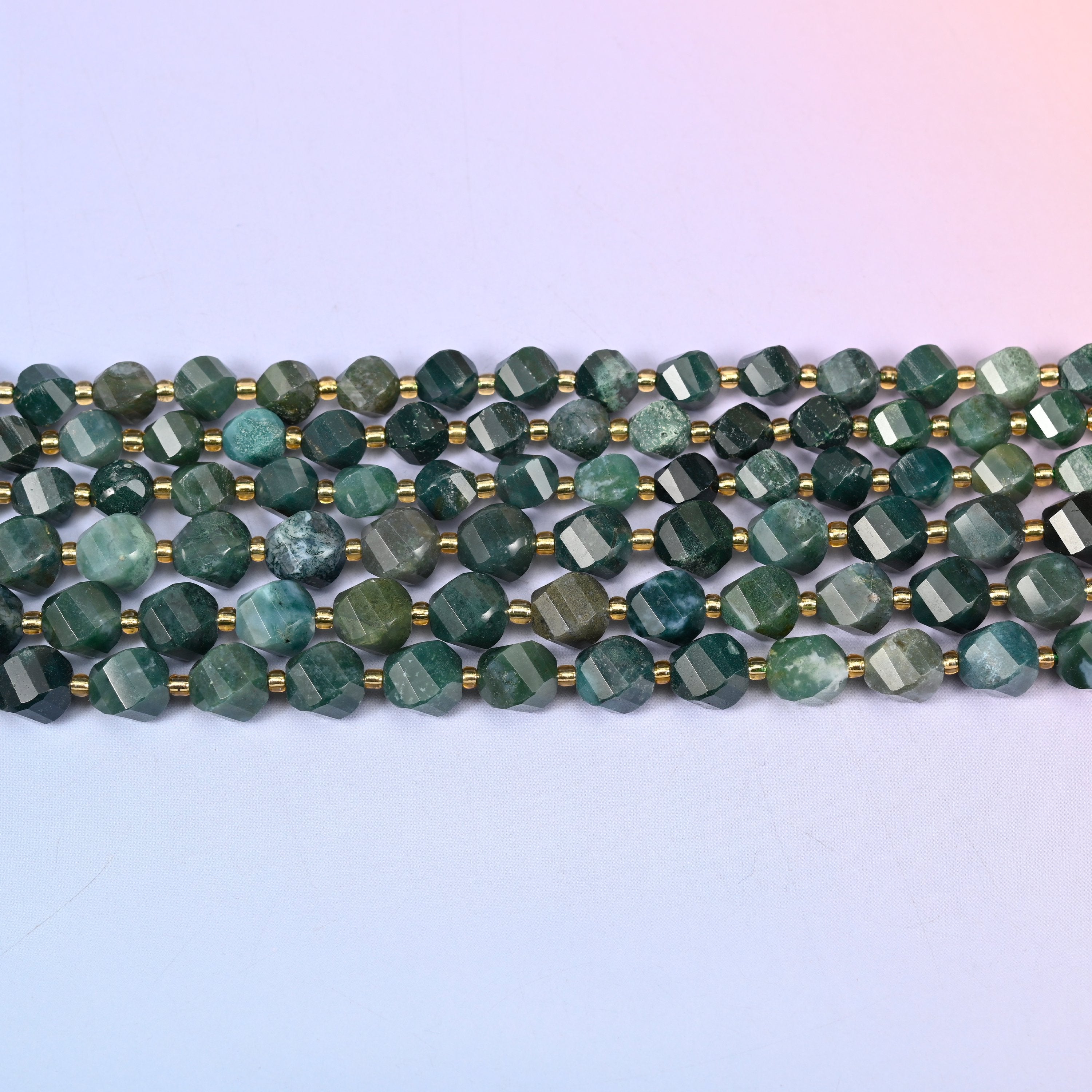 Moss Agate Faceted Spiral Twist Beads: Size 8mm 10mm, Jewelry Making, 15 inch Strand