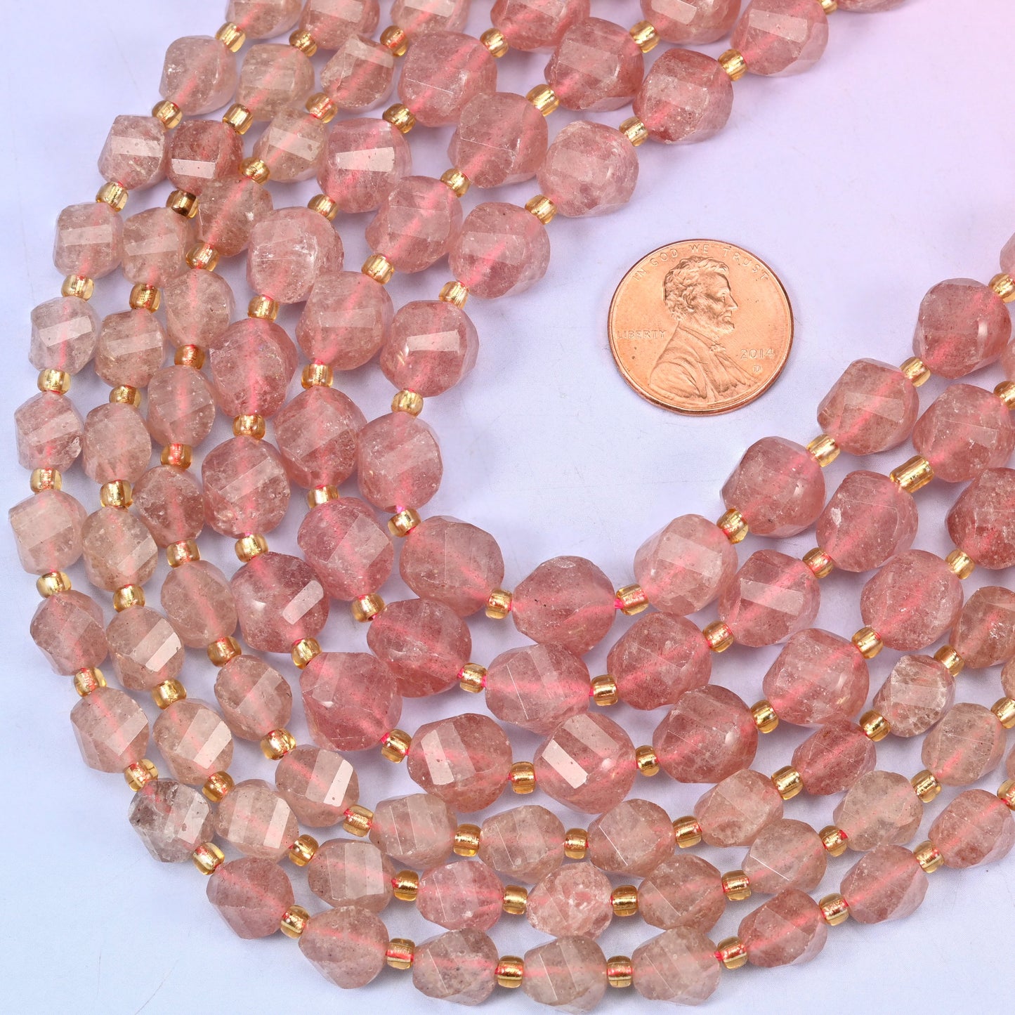 Strawberry Quartz Faceted Spiral Twist Beads: Size 8mm 10mm, Jewelry Making, 15 inch Strand