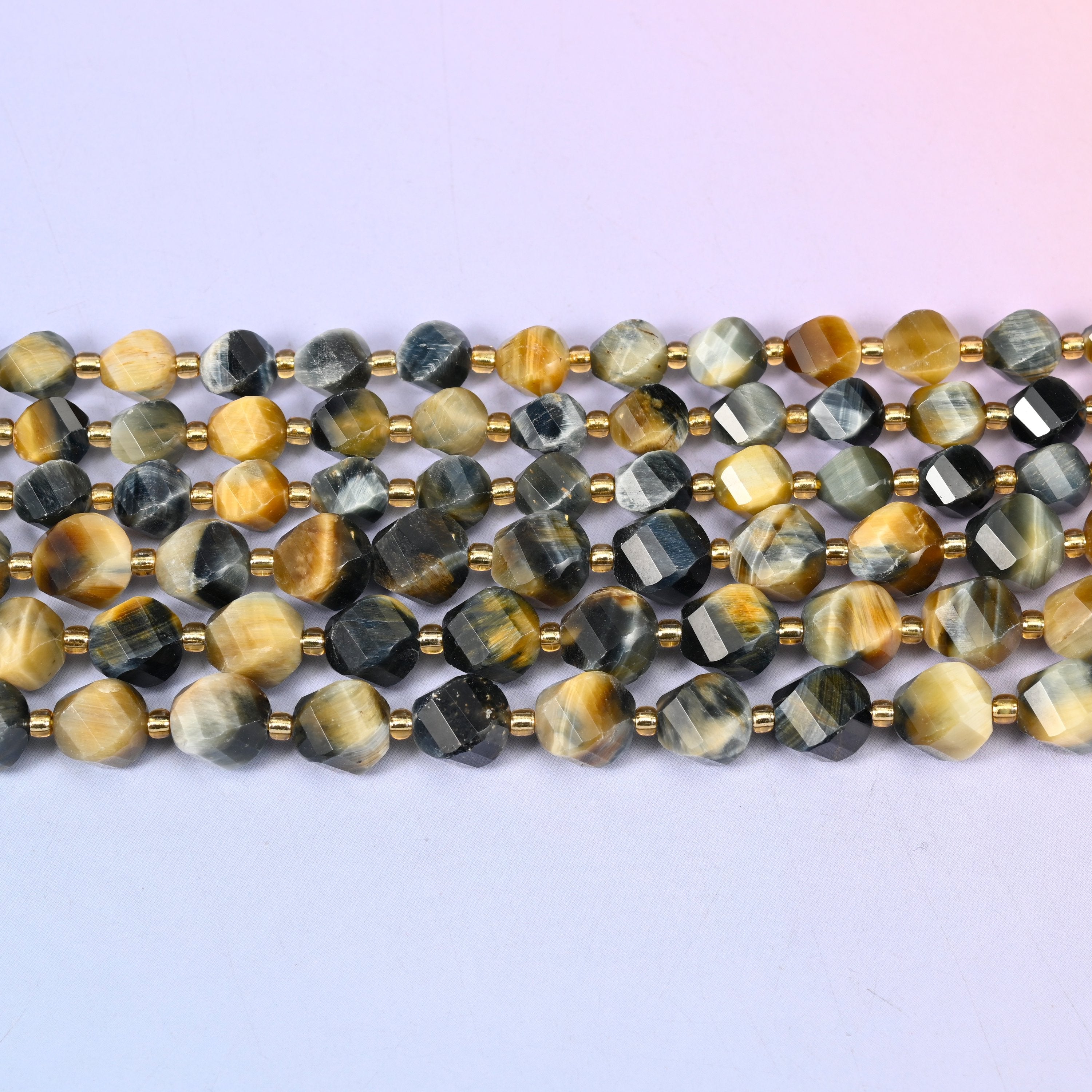 Dream Tiger Eye Faceted Spiral Twist Beads: Size 8mm 10mm, Jewelry Making, 15 inch Strand