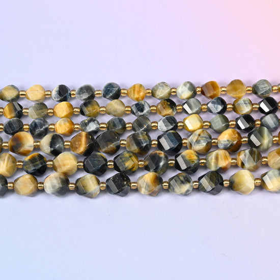 Dream Tiger Eye Faceted Spiral Twist Beads: Size 8mm 10mm, Jewelry Making, 15 inch Strand
