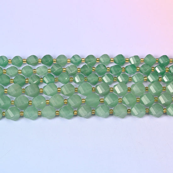 Green Aventurine Faceted Spiral Twist Beads: Size 8mm 10mm, Jewelry Making, 15 inch Strand