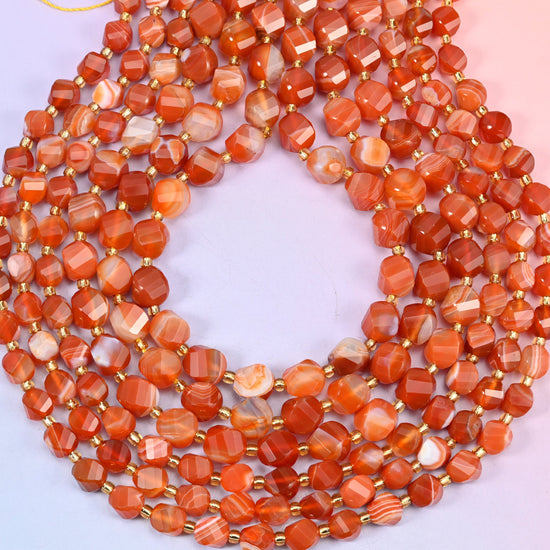 Dyed Red Strip Agate Faceted Spiral Twist Beads: Size 8mm 10mm, Jewelry Making, 15 inch Strand