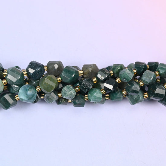 Moss Agate Faceted Spiral Twist Beads: Size 8mm 10mm, Jewelry Making, 15 inch Strand