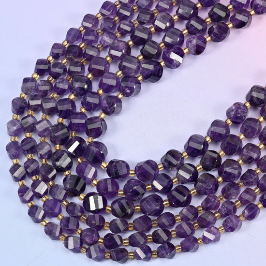 Dark Purple Amethyst Faceted Spiral Twist Beads: Size 8mm 10mm, Jewelry Making, 15 inch Strand