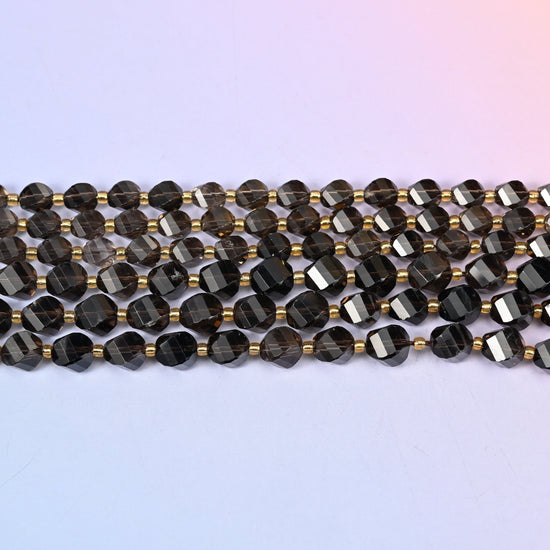 Smoky Quartz Faceted Spiral Twist Beads: Size 8mm 10mm, Jewelry Making, 15 inch Strand