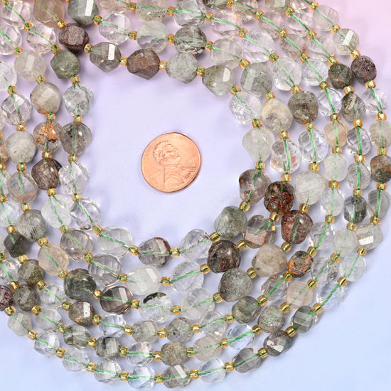Green Phantom Quartz Faceted Spiral Twist Beads: Size 8mm 10mm, Jewelry Making, 15 inch Strand