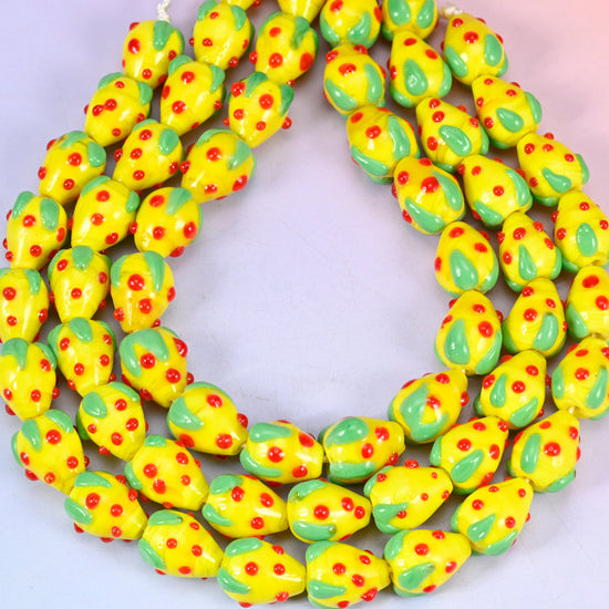Yellow Red Dots Strawberry Glass Beads: Jewelry Making Supply
