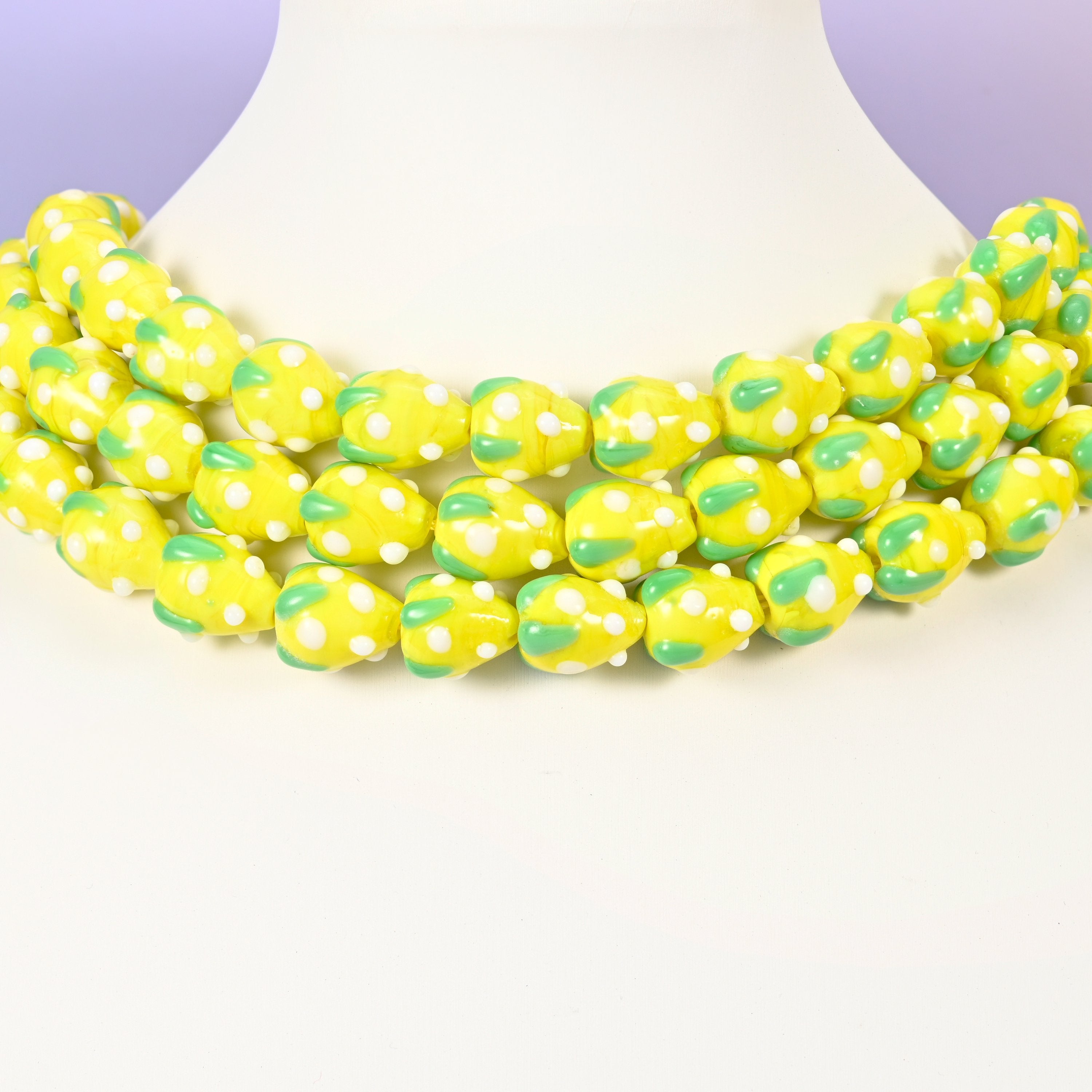 Yellow White Dots Strawberry Glass Beads: Jewelry Making Supply