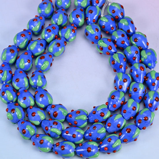 Dark Blue Red Dots Strawberry Glass Beads: Jewelry Making Supply