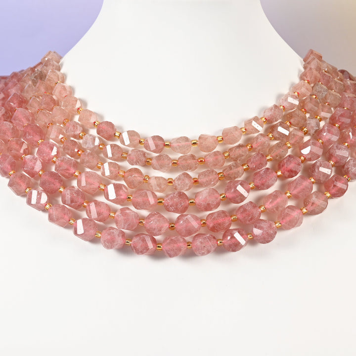 Strawberry Quartz Faceted Spiral Twist Beads: Size 8mm 10mm, Jewelry Making, 15 inch Strand