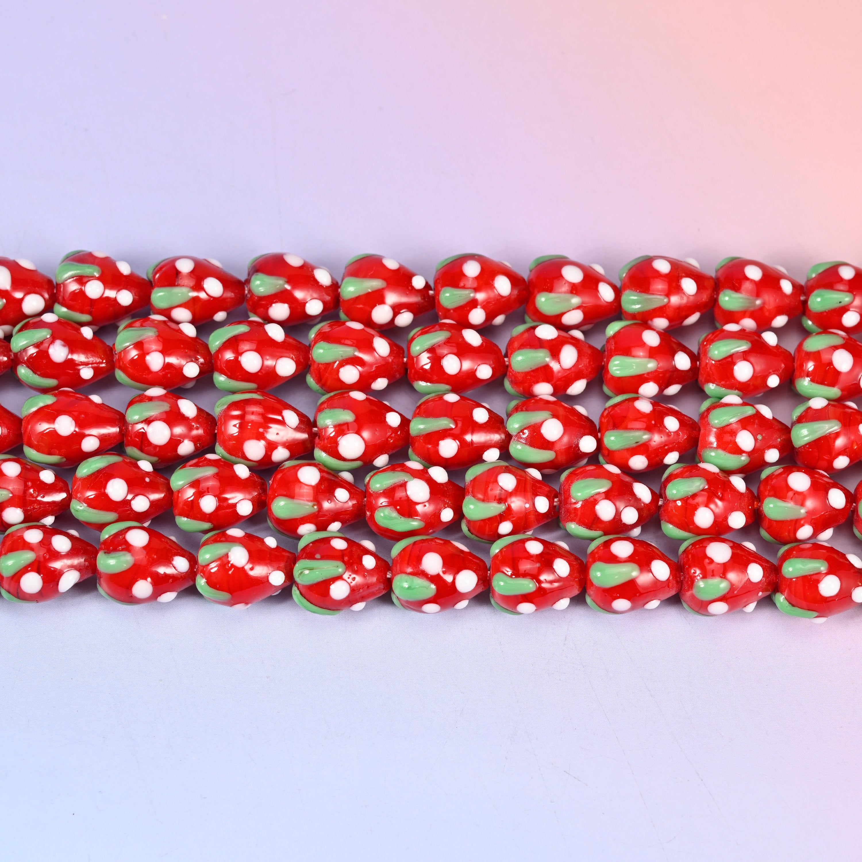 Red White Dots Strawberry Glass Beads: Jewelry Making Supply