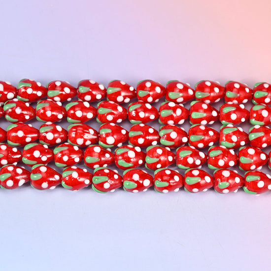 Red White Dots Strawberry Glass Beads: Jewelry Making Supply