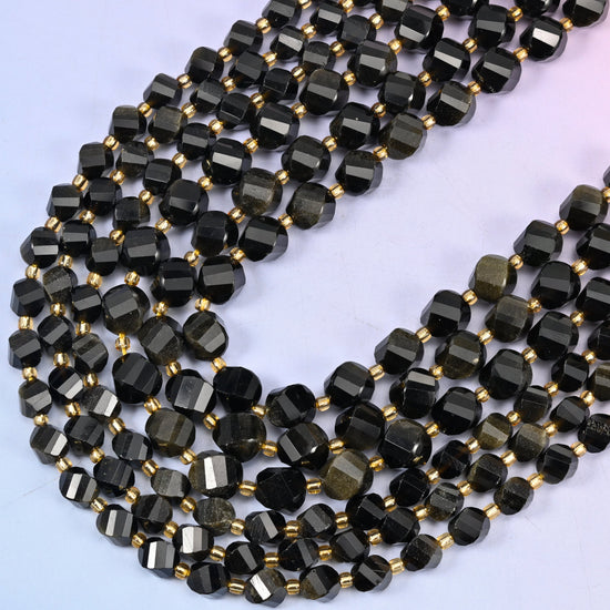 Gold Obsidian Faceted Spiral Twist Beads: Size 8mm 10mm, Jewelry Making, 15 inch Strand