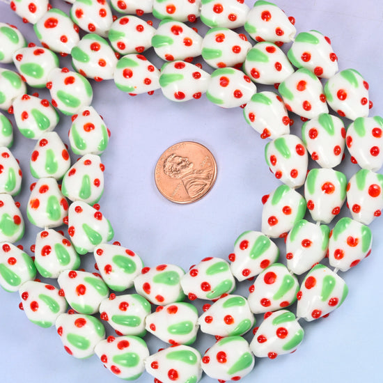 White Red Dots Strawberry Glass Beads: Jewelry Making Supply