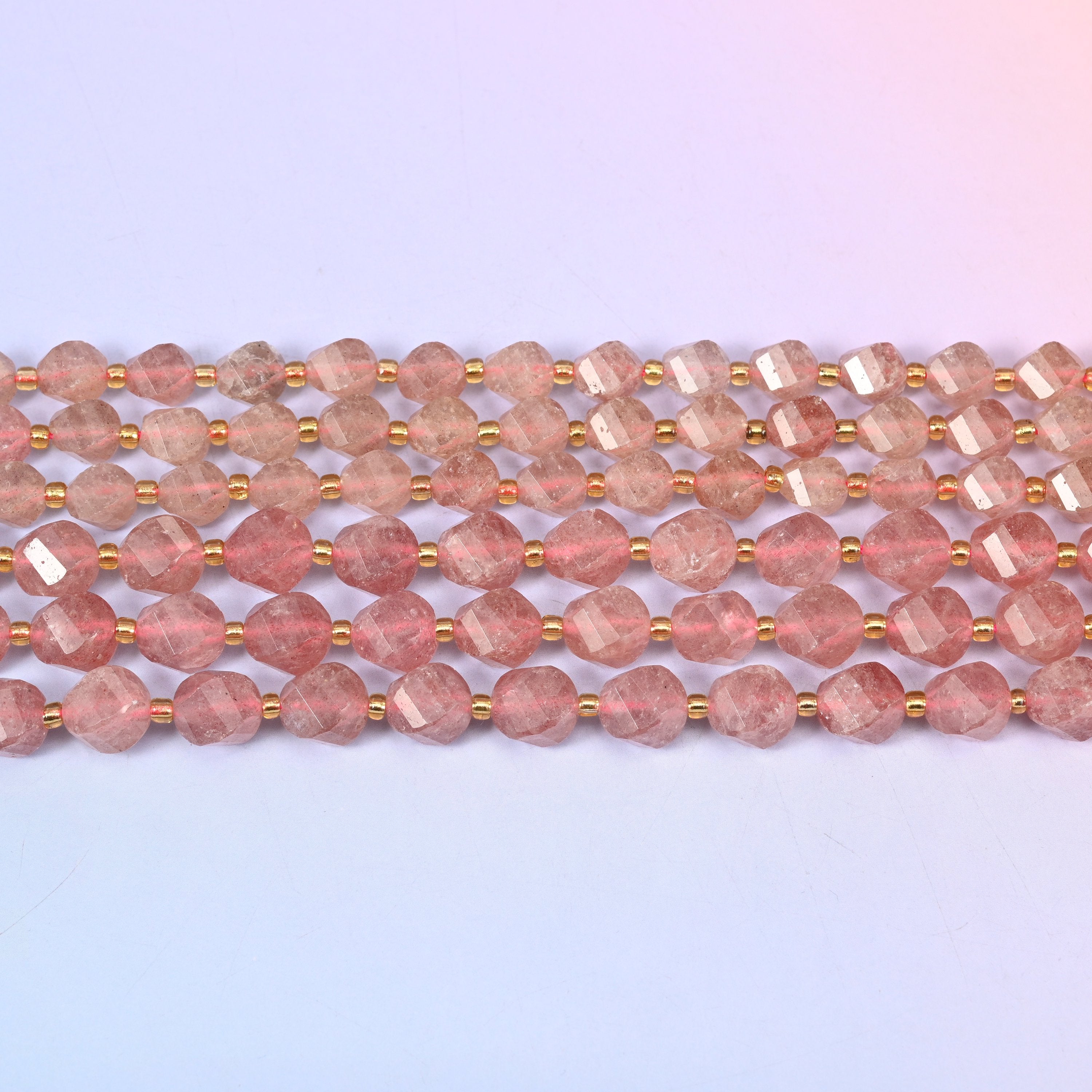 Strawberry Quartz Faceted Spiral Twist Beads: Size 8mm 10mm, Jewelry Making, 15 inch Strand