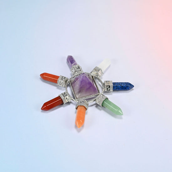 Crystal energy generator with a purple amethyst center pyramid and seven chakra crystal points in a silver-tone frame