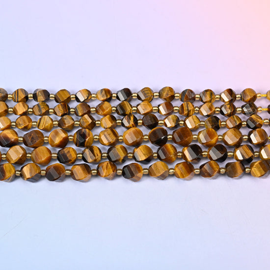 Tiger Eye Faceted Spiral Twist Beads: Size 8mm 10mm, Jewelry Making, 15 inch Strand
