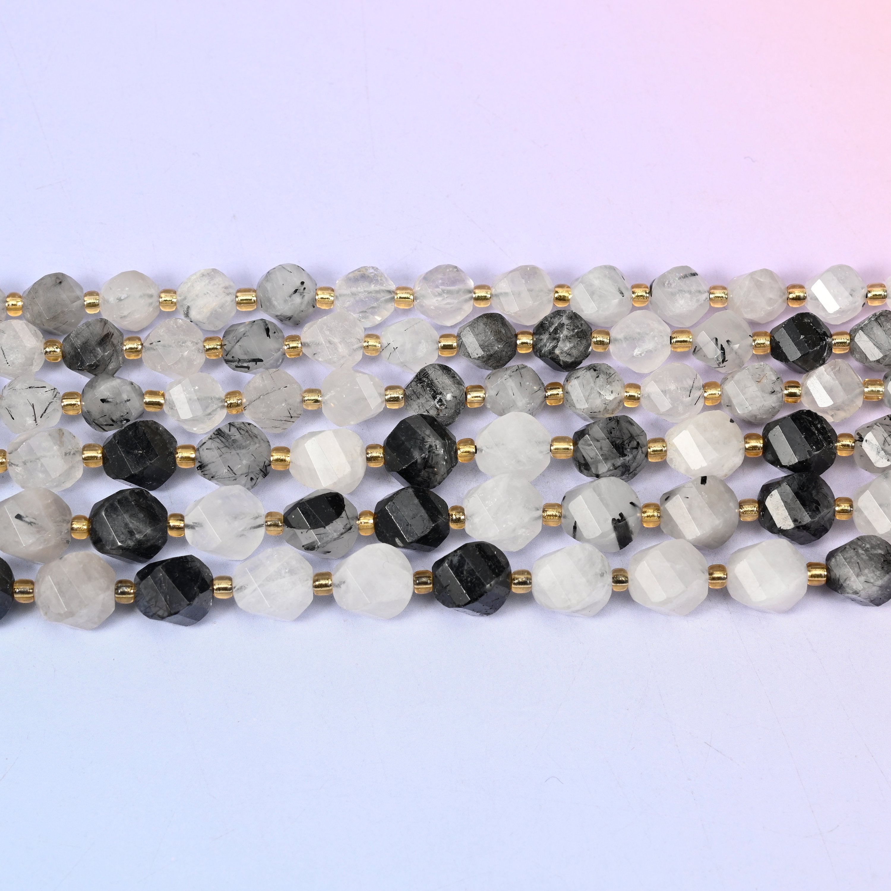 Black Rutilated Quartz Faceted Spiral Twist Beads: Size 8mm 10mm, Jewelry Making, 15 inch Strand