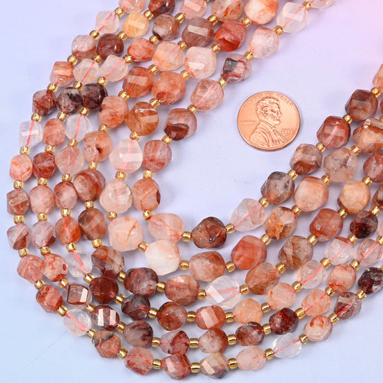 Red Hematoid Quartz Faceted Spiral Twist Beads: Size 8mm 10mm, Jewelry Making, 15 inch Strand