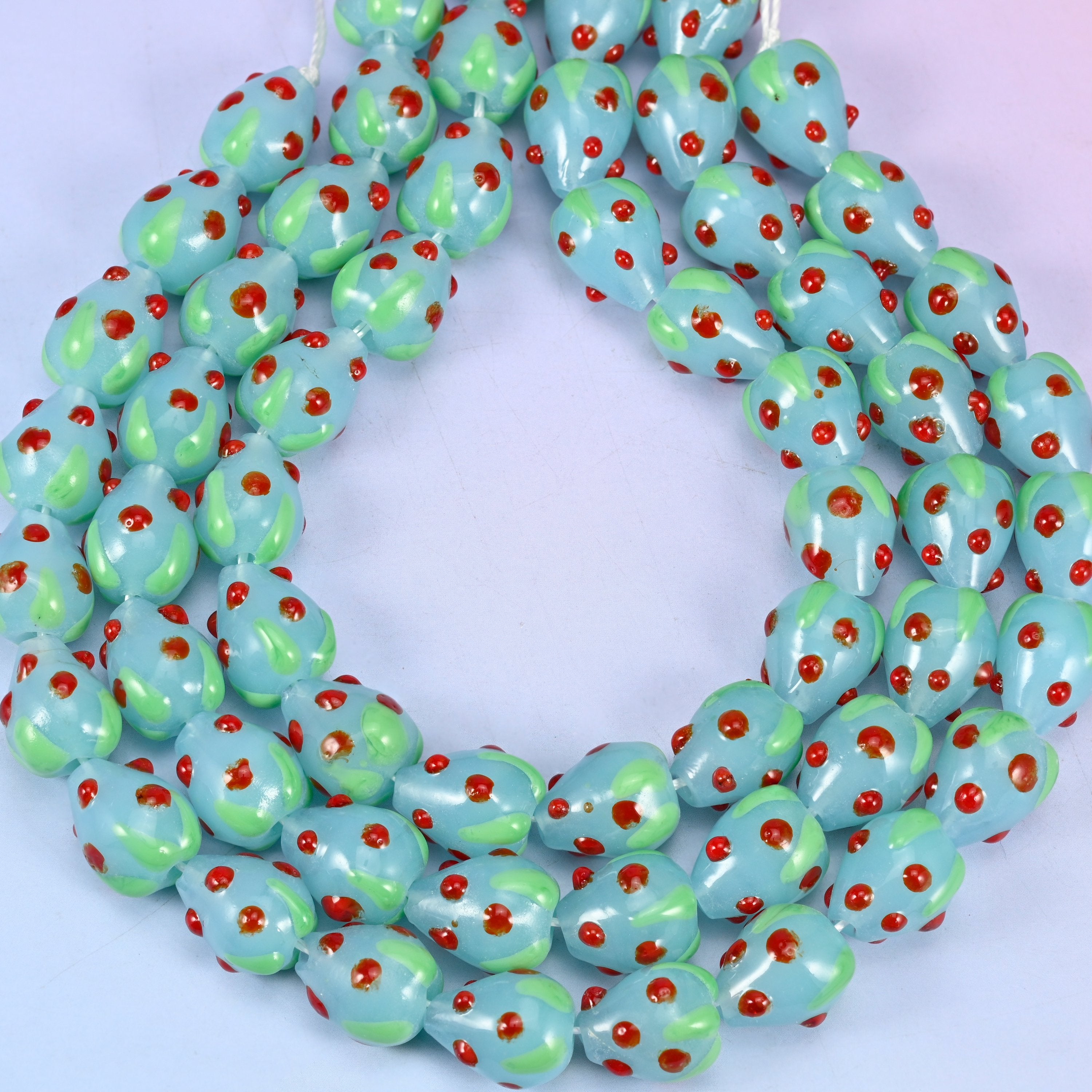 Light Blue Red Dots Strawberry Glass Beads: Jewelry Making Supply