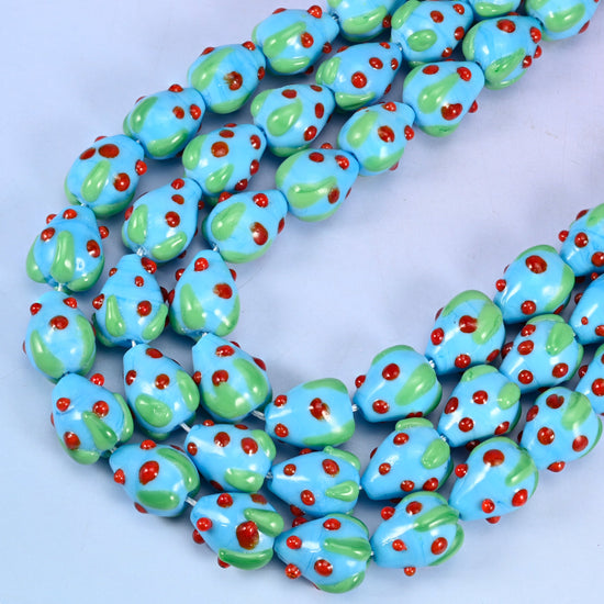 Sky Blue Red Dots Strawberry Glass Beads: Jewelry Making Supply