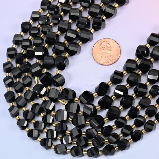 Black Onyx Faceted Spiral Twist Beads: Size 8mm 10mm, Jewelry Making, 15 inch Strand