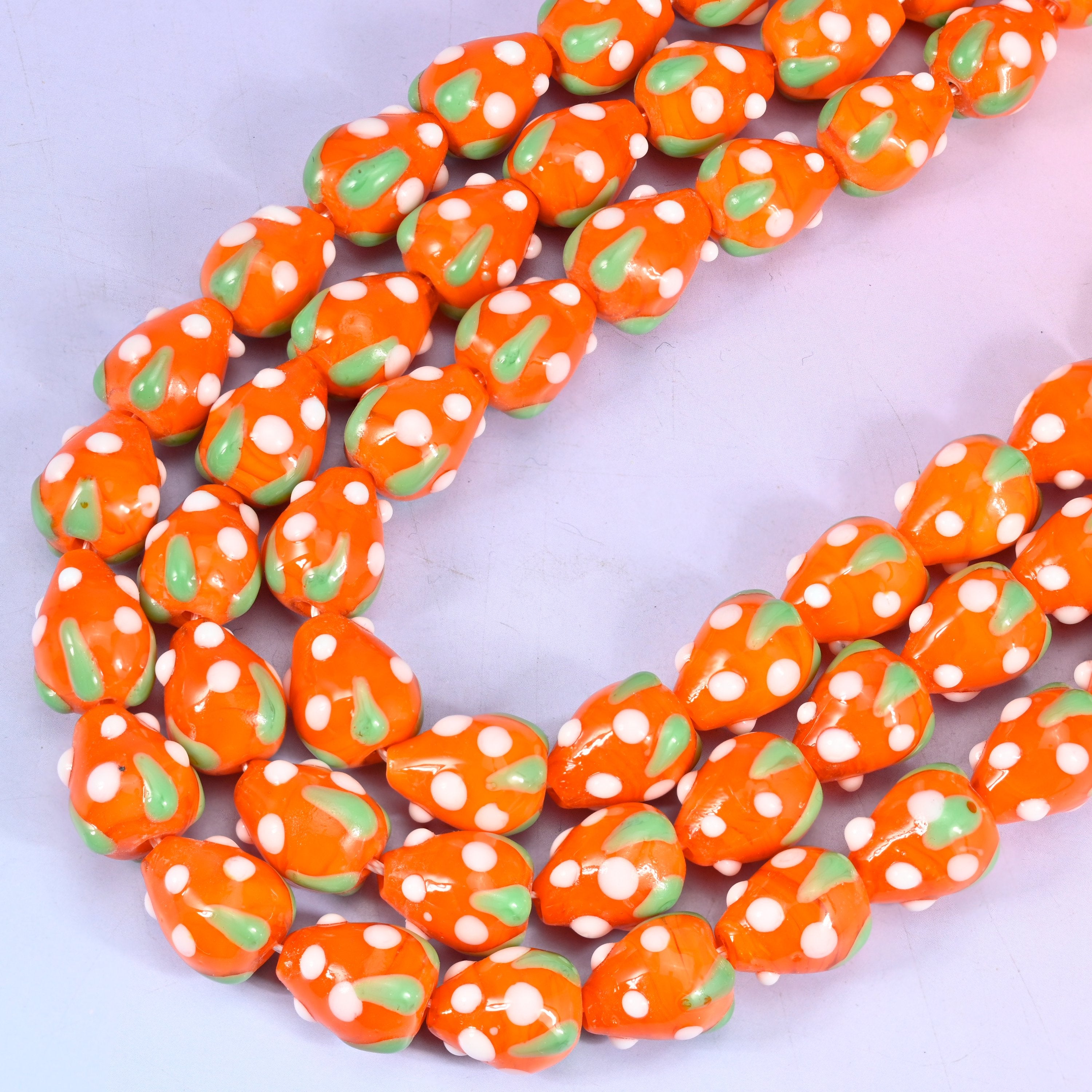 Orange White Dots Strawberry Glass Beads: Jewelry Making Supply