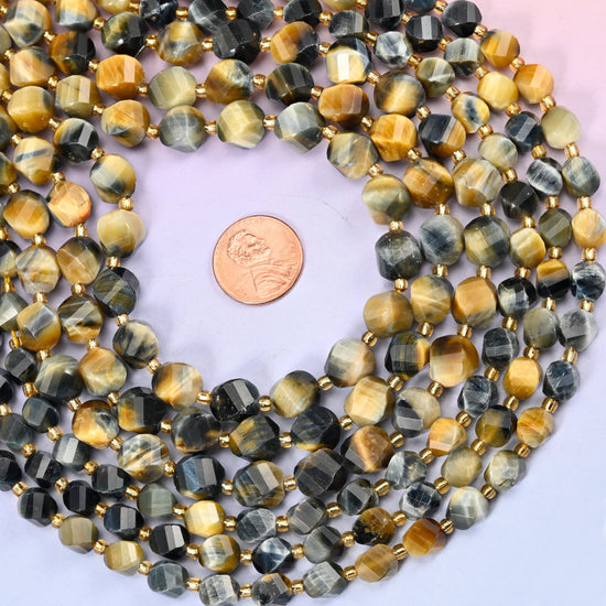 Dream Tiger Eye Faceted Spiral Twist Beads: Size 8mm 10mm, Jewelry Making, 15 inch Strand