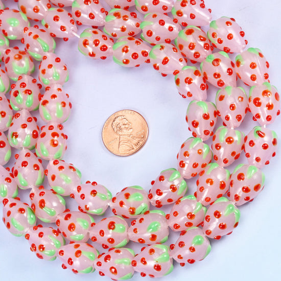 Pink Red Dots Strawberry Glass Beads: Jewelry Making Supply