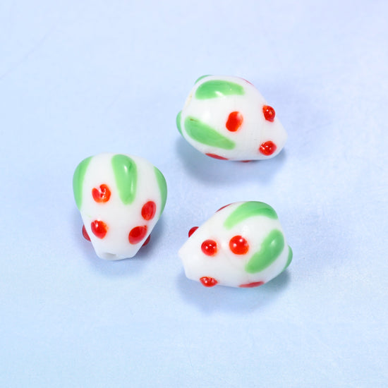 White Red Dots Strawberry Glass Beads: Jewelry Making Supply