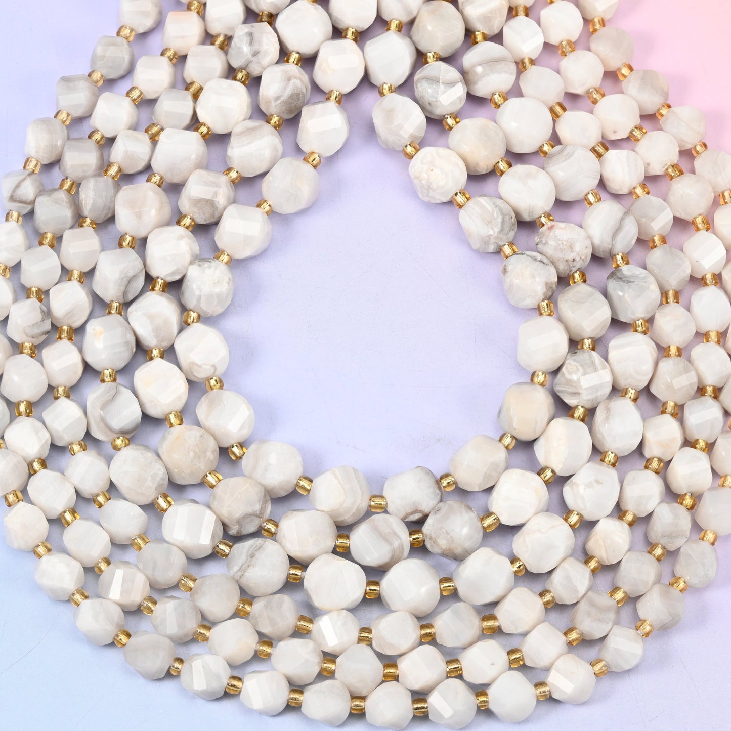 White Crazy Agate Faceted Spiral Twist Beads: Size 8mm 10mm, Jewelry Making, 15 inch Strand
