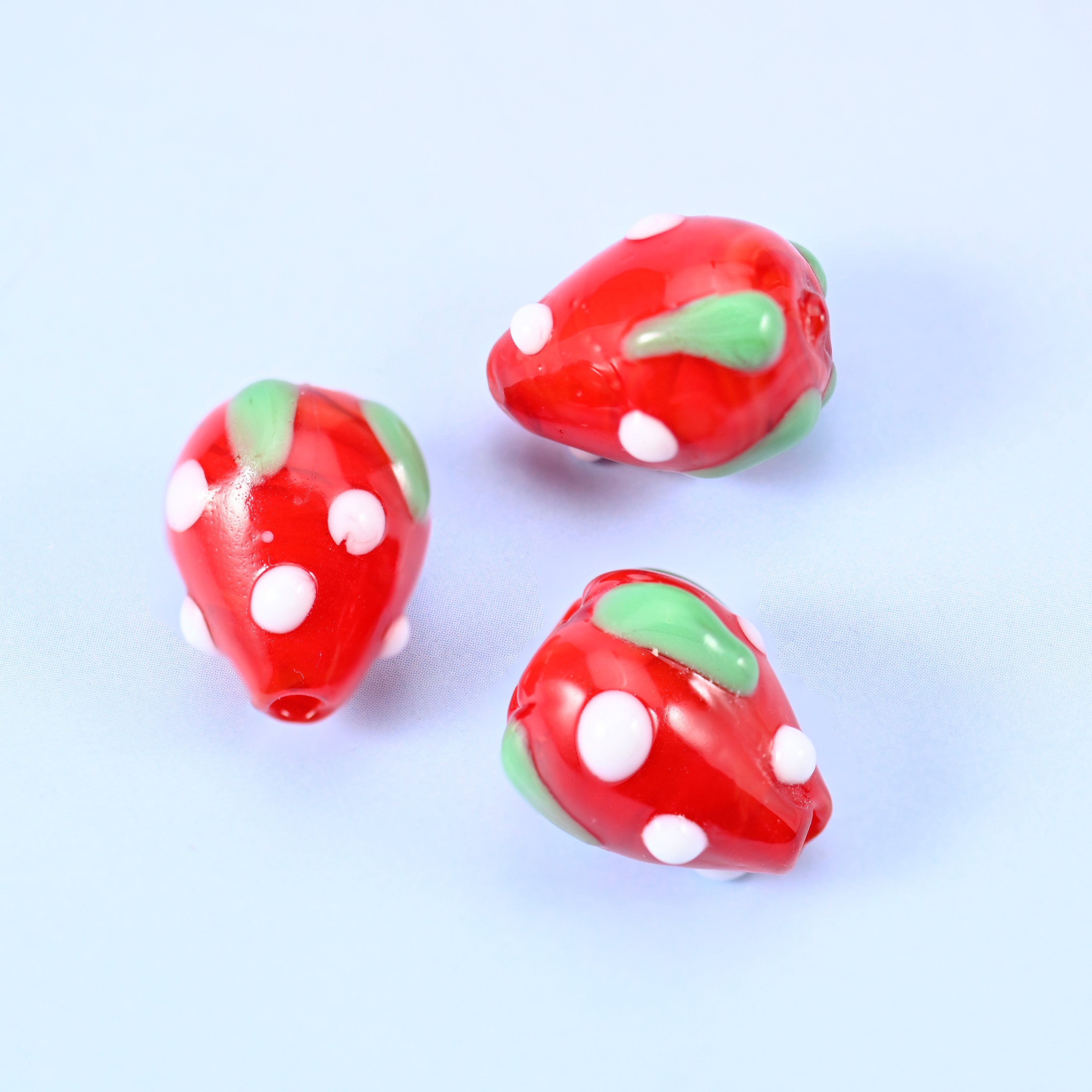 Red White Dots Strawberry Glass Beads: Jewelry Making Supply