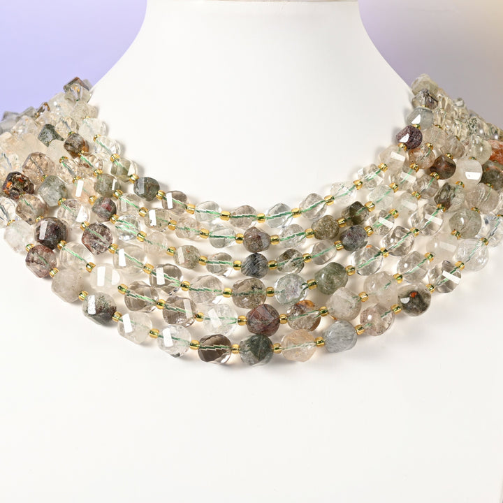 Green Phantom Quartz Faceted Spiral Twist Beads: Size 8mm 10mm, Jewelry Making, 15 inch Strand
