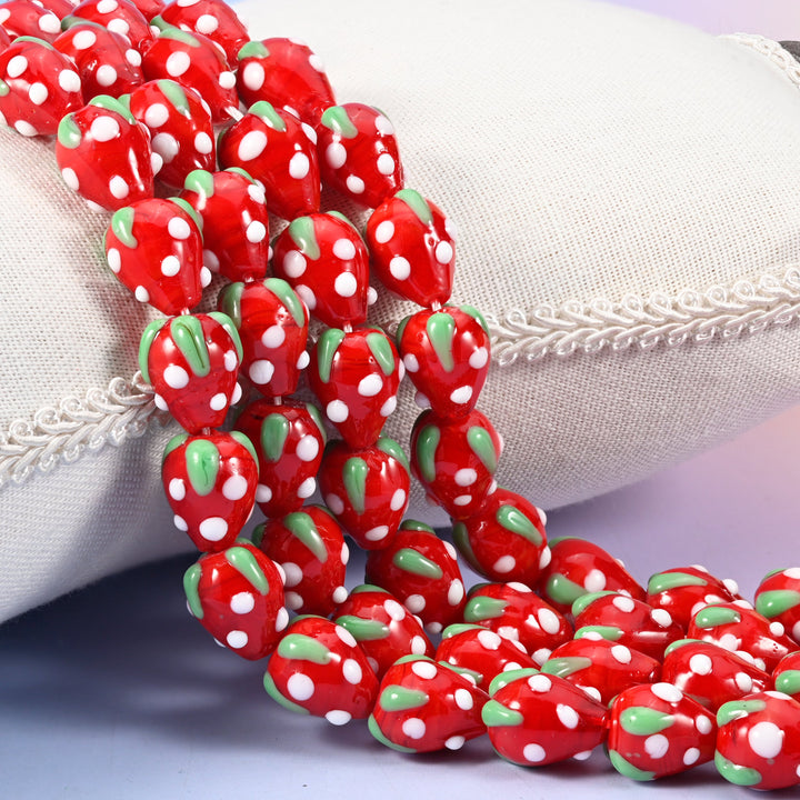 Red White Dots Strawberry Glass Beads: Jewelry Making Supply
