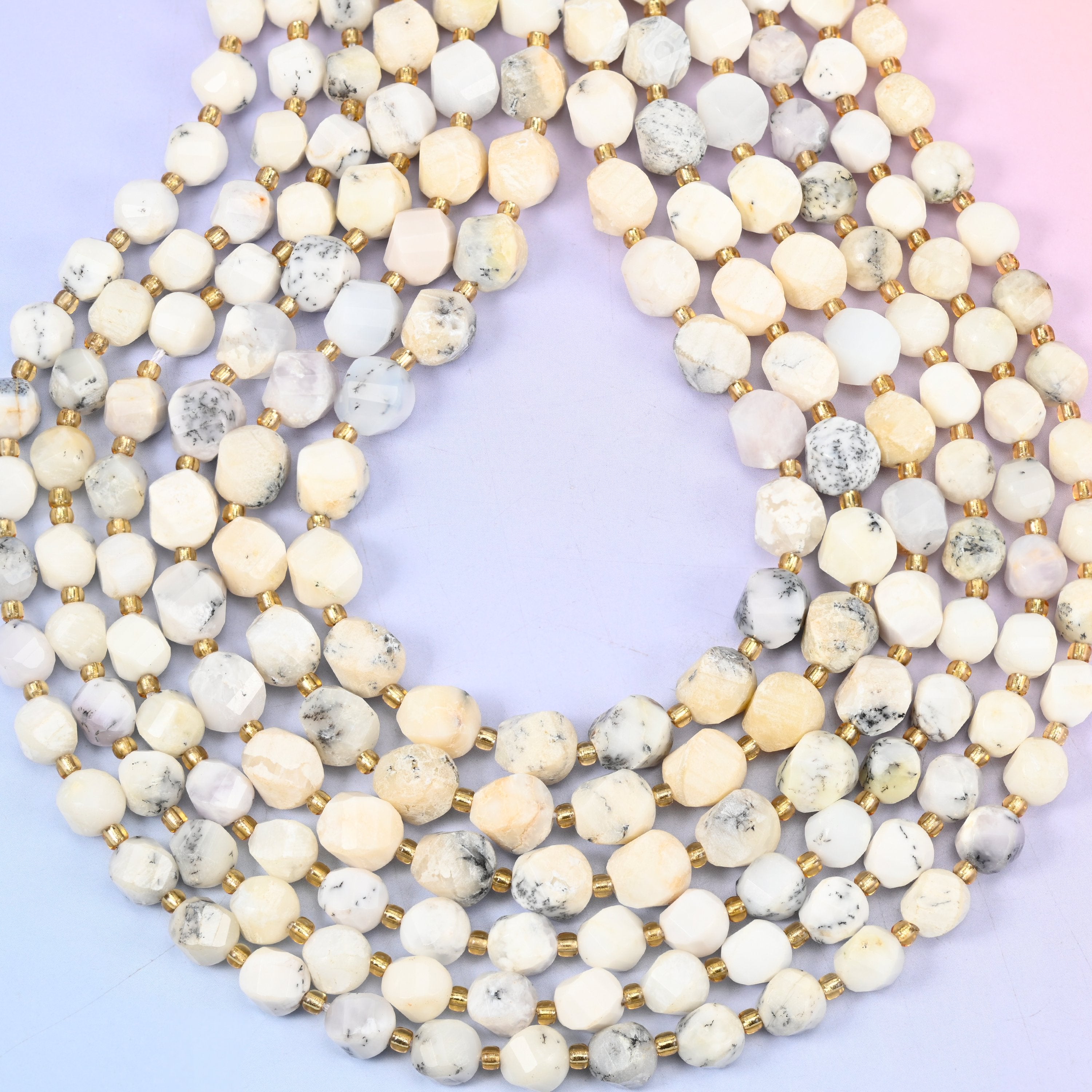 White Opal Faceted Spiral Twist Beads: Size 8mm 10mm, Jewelry Making, 15 inch Strand