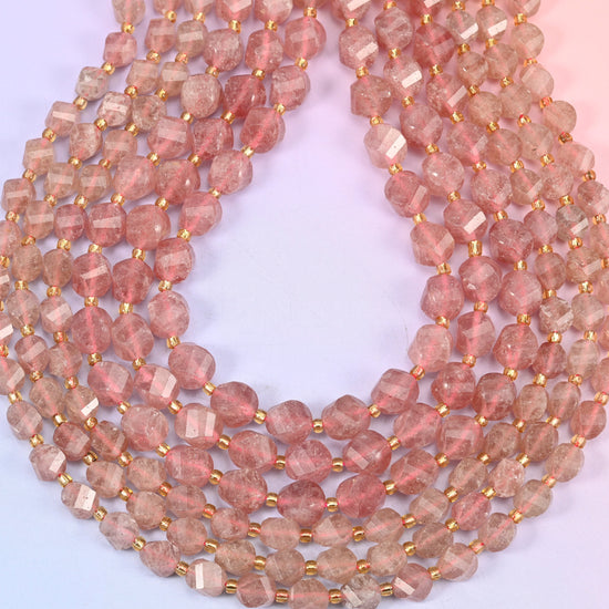 Strawberry Quartz Faceted Spiral Twist Beads: Size 8mm 10mm, Jewelry Making, 15 inch Strand