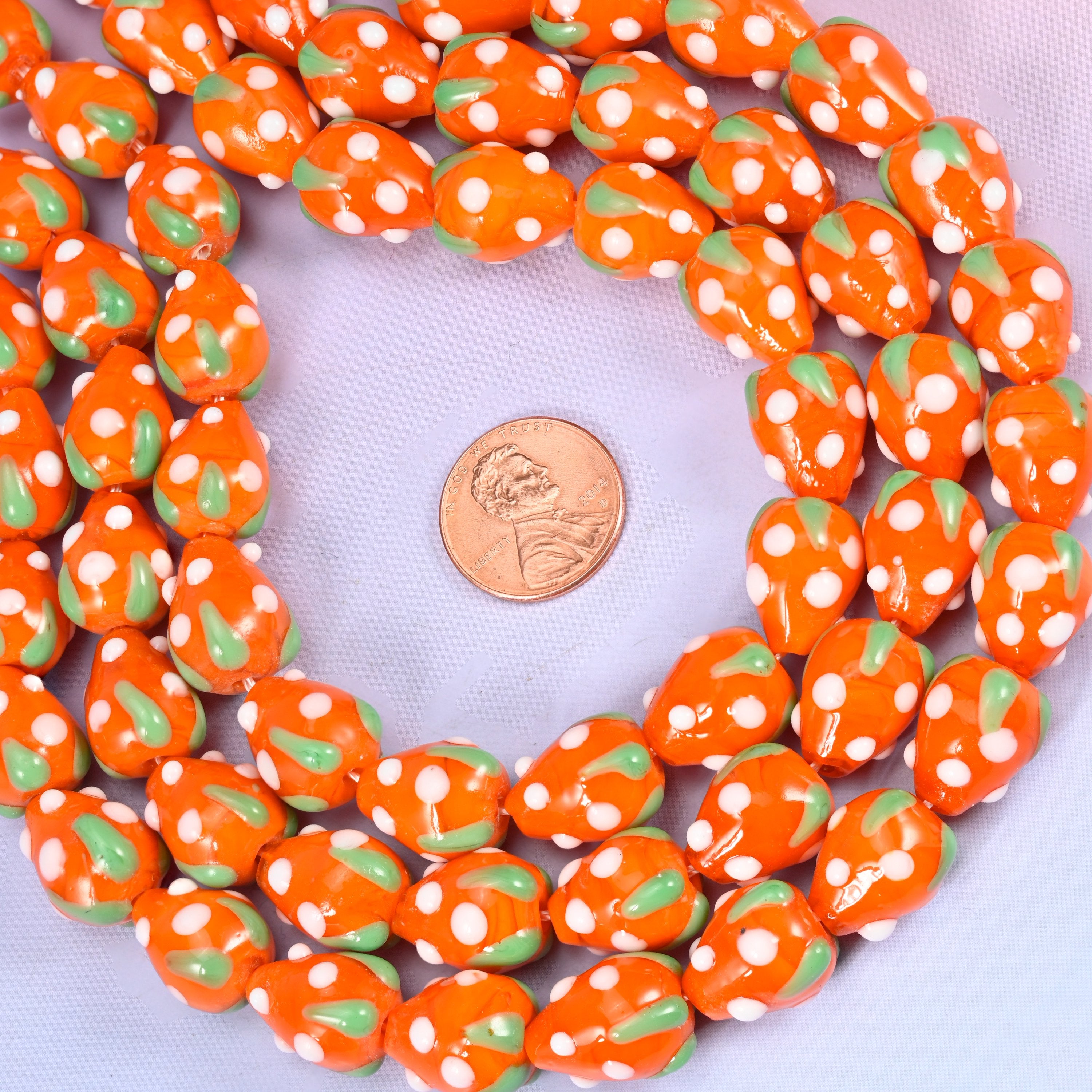 Orange White Dots Strawberry Glass Beads: Jewelry Making Supply