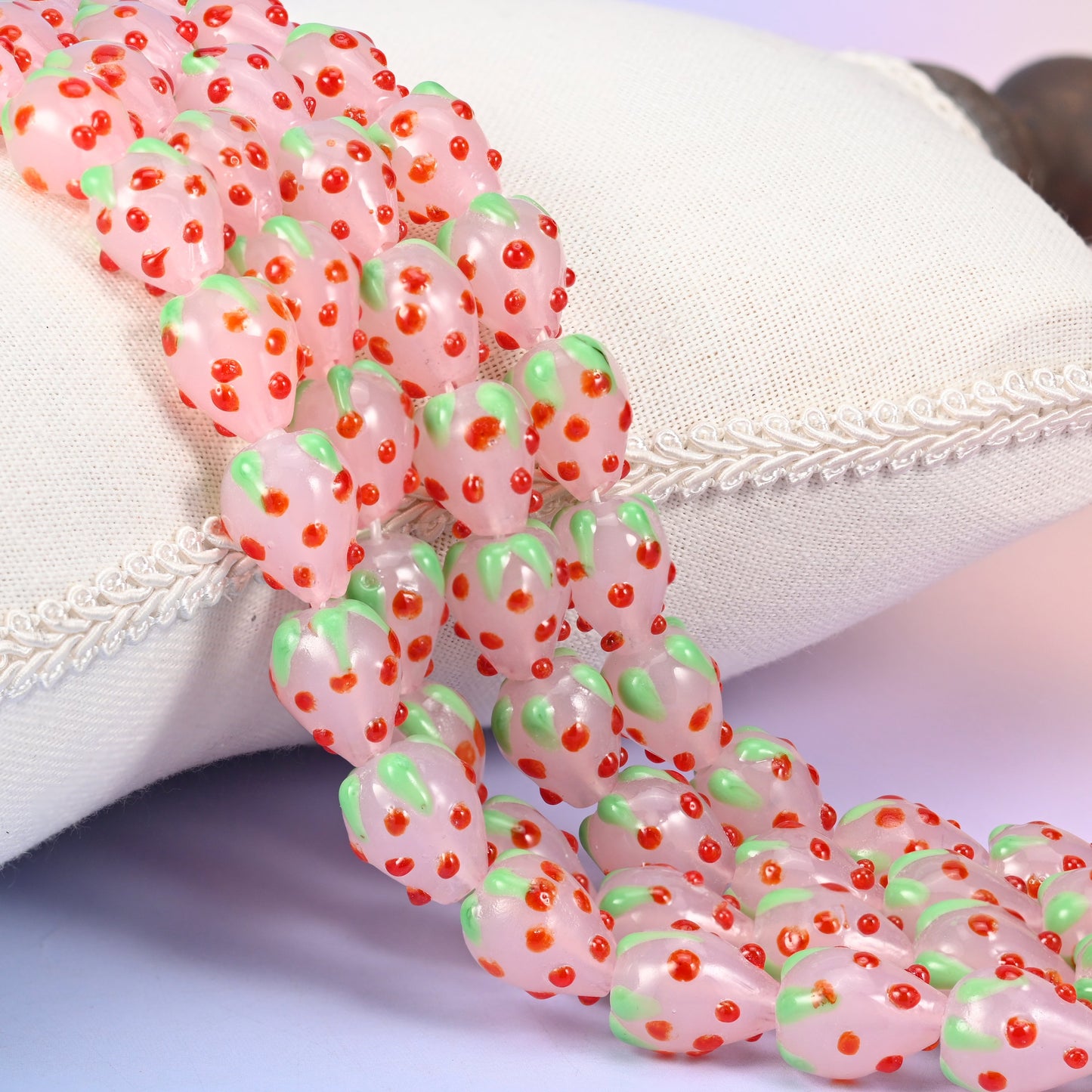 Pink Red Dots Strawberry Glass Beads: Jewelry Making Supply