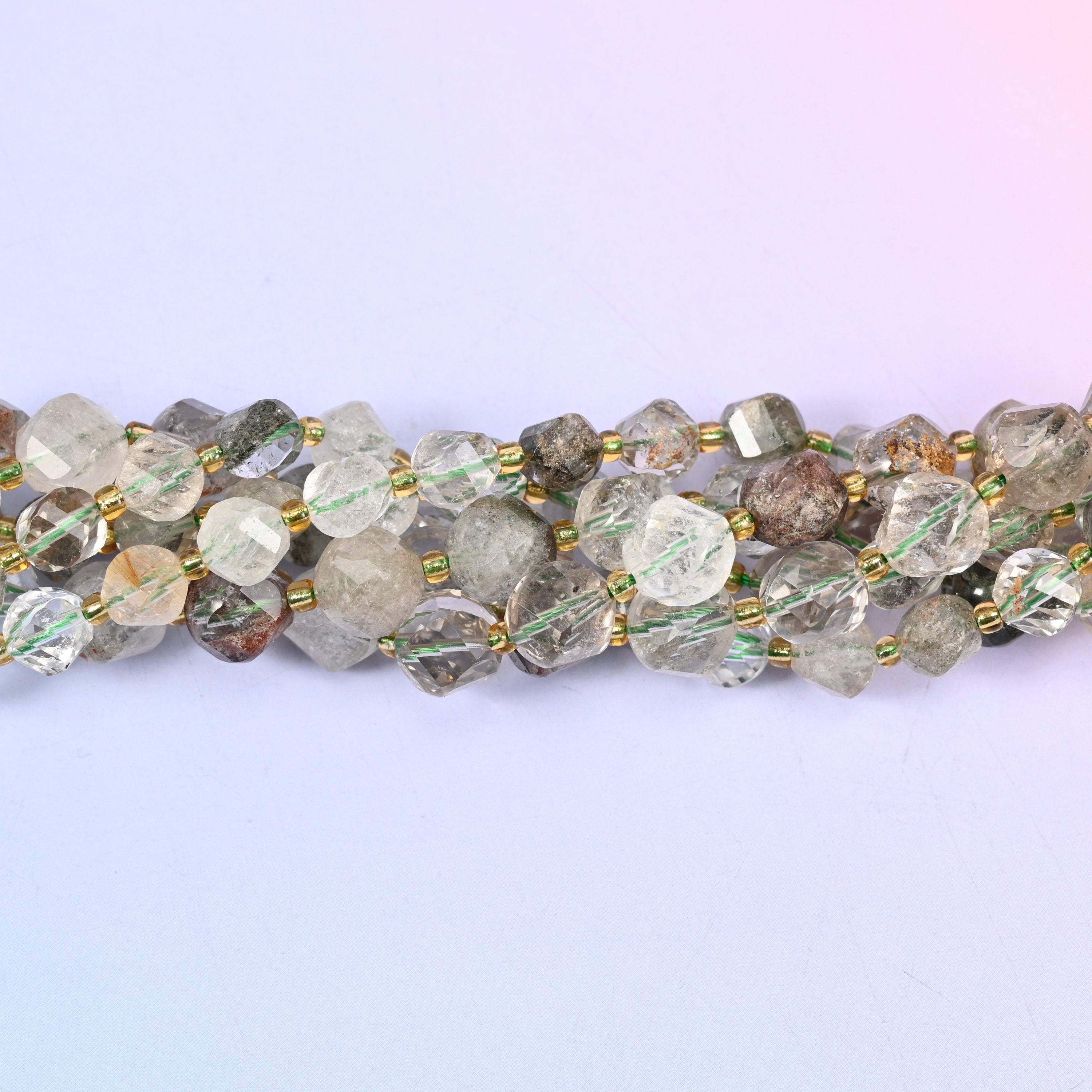 Green Phantom Quartz Faceted Spiral Twist Beads: Size 8mm 10mm, Jewelry Making, 15 inch Strand