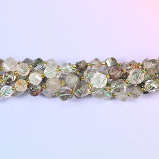 Green Phantom Quartz Faceted Spiral Twist Beads: Size 8mm 10mm, Jewelry Making, 15 inch Strand