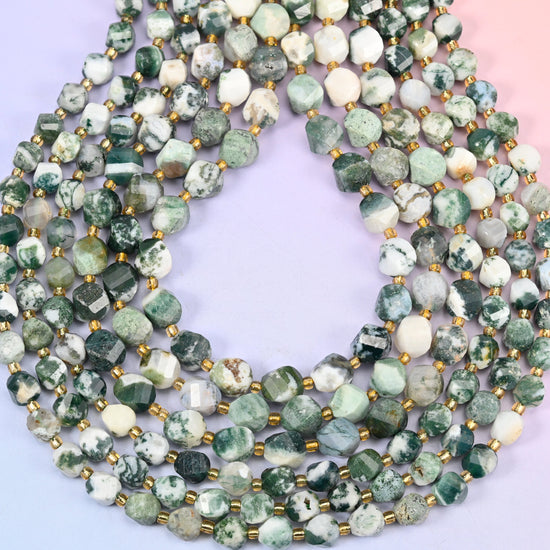 Tree Agate Faceted Spiral Twist Beads: Size 8mm 10mm, Jewelry Making, 15 inch Strand
