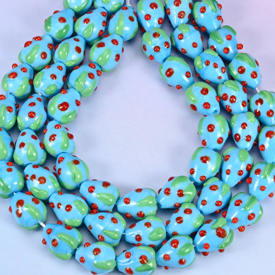 Sky Blue Red Dots Strawberry Glass Beads: Jewelry Making Supply