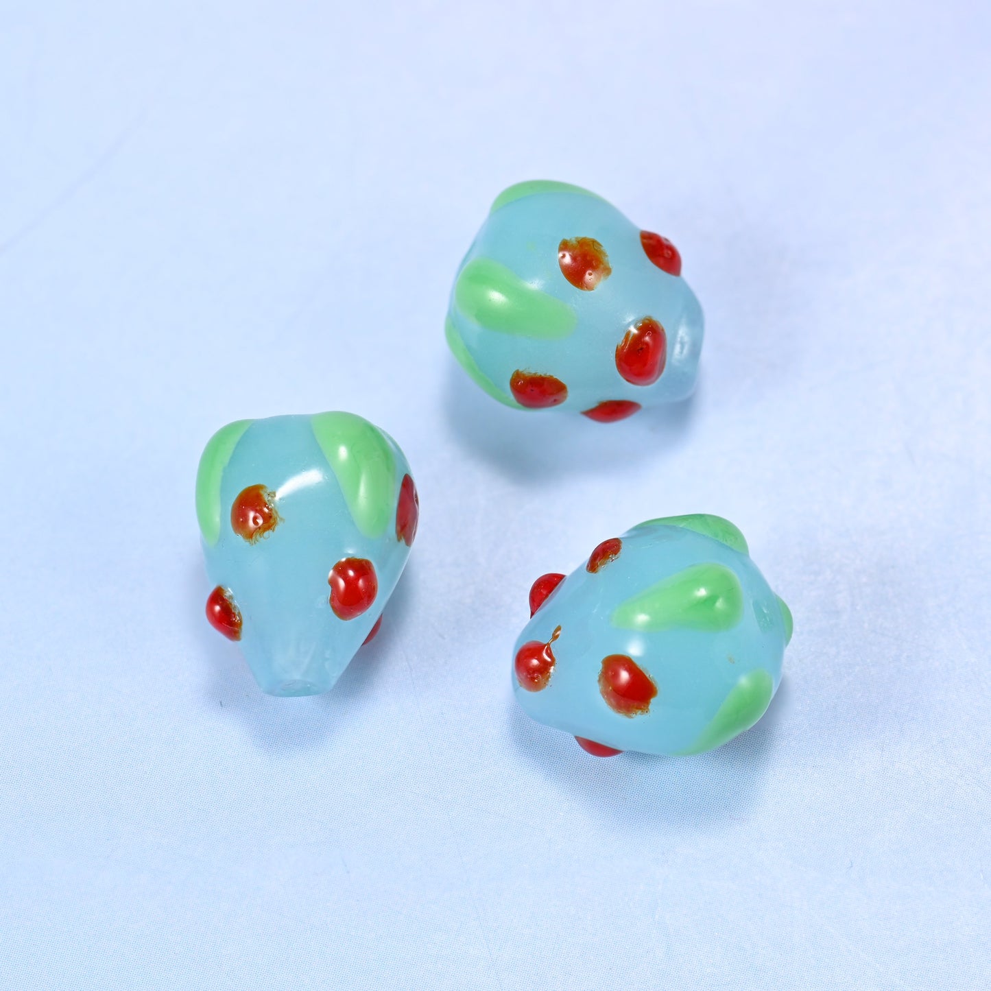 Light Blue Red Dots Strawberry Glass Beads: Jewelry Making Supply