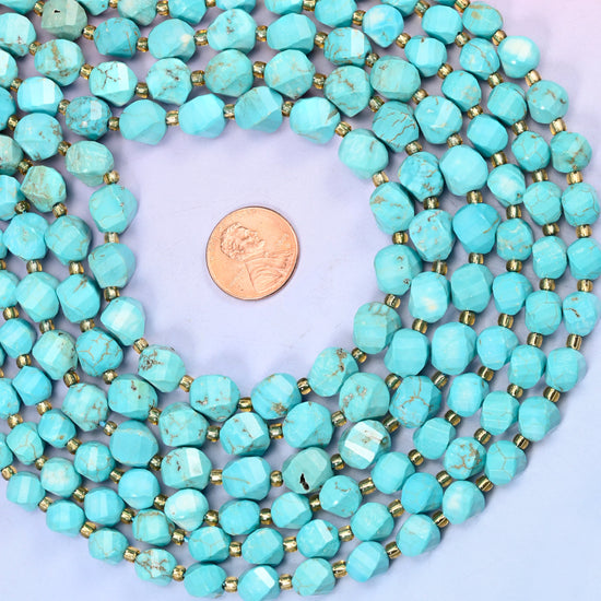 Dyed Light Blue Howlite Faceted Spiral Twist Beads: Size 8mm 10mm, Jewelry Making, 15 inch Strand