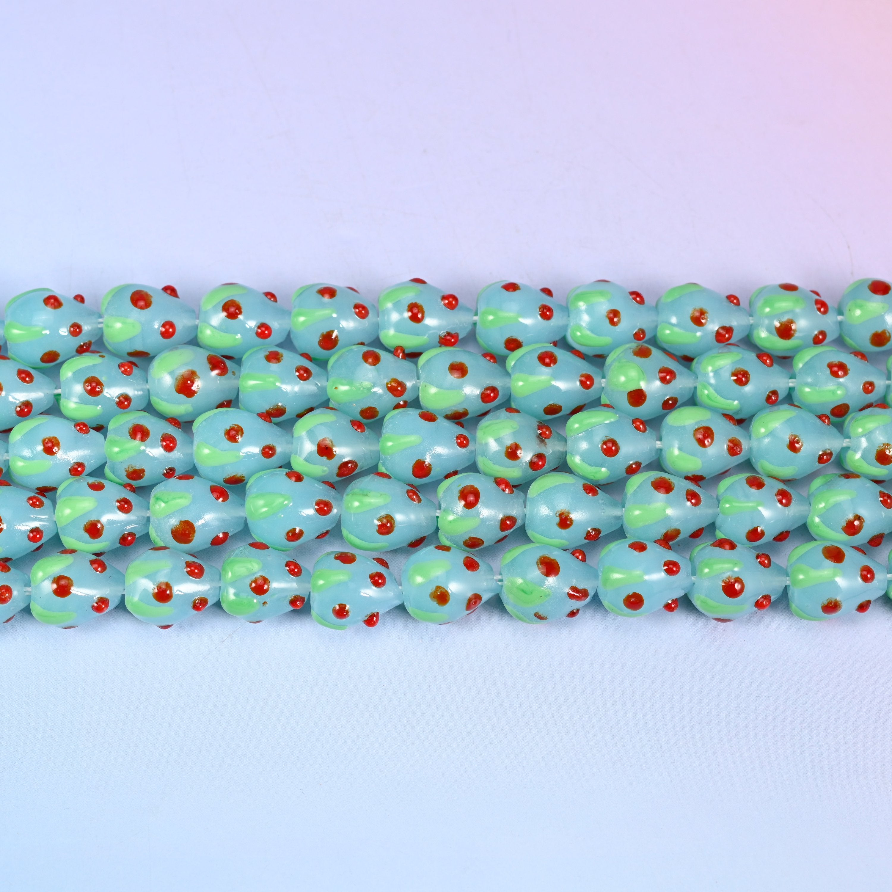 Light Blue Red Dots Strawberry Glass Beads: Jewelry Making Supply